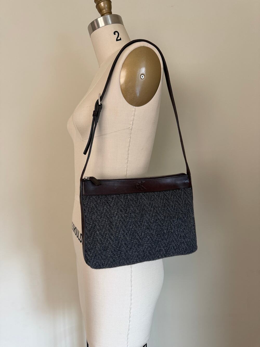 Vintage Late 1990s Calvin Klein Sample Wool Felt & Leather Shoulder Bag